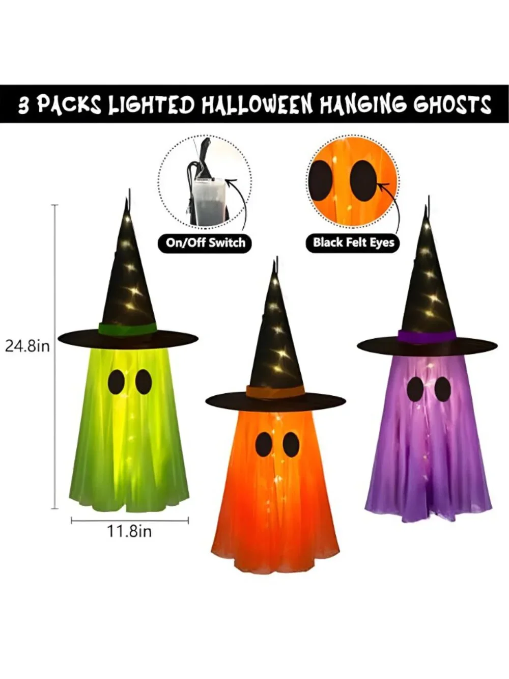 3 Pack Light-up Halloween Hanging Witch Ghost Decor Outdoor